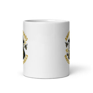 White mug with beekeeping design and text.