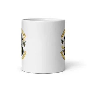 White mug with beekeeping design and text.