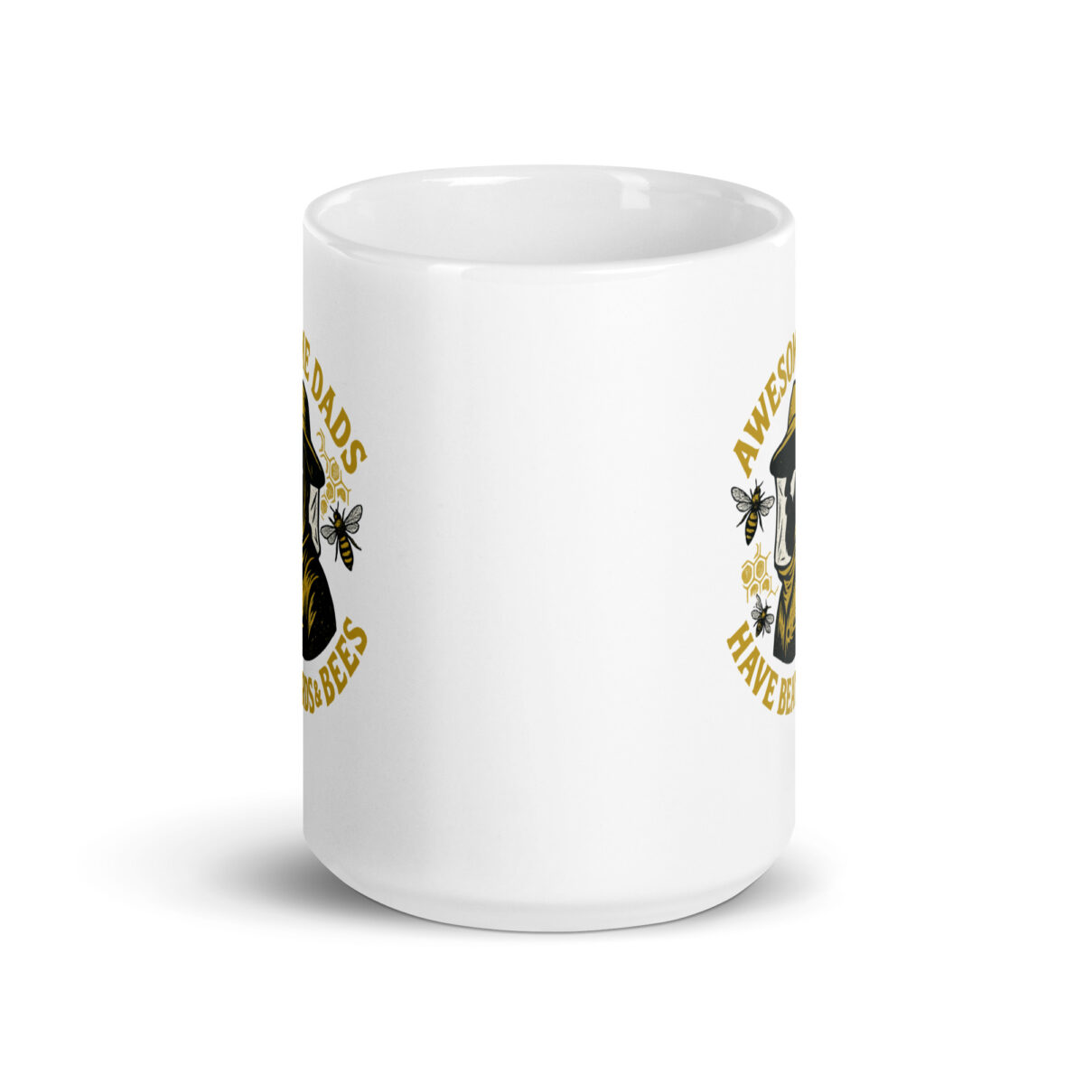 White mug with awesome dads have beards and bees design.