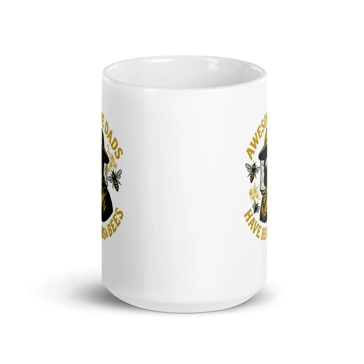 White mug with awesome dads have beards and bees design.