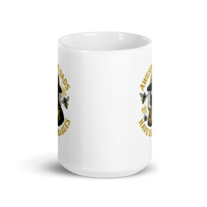 White mug with awesome dads have beards and bees design.