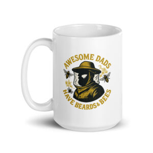 White mug with beekeeping dad design.