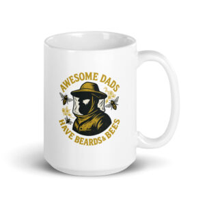 Mug with bearded beekeeper and bees illustration.