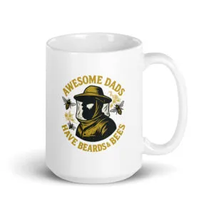 Mug with bearded beekeeper and bees illustration.