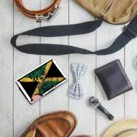 Travel essentials with Jamaican flag design.