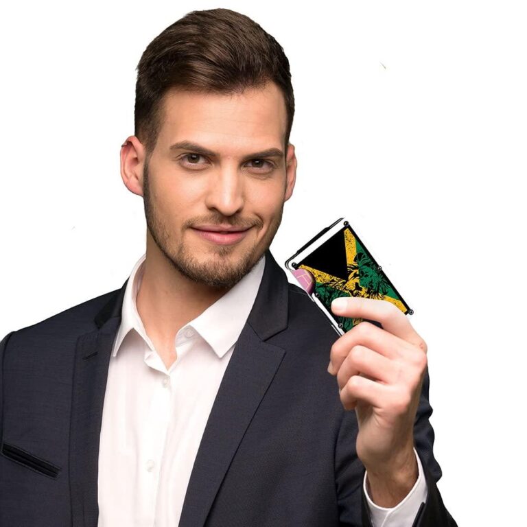 Man holding Jamaica-flag themed wallet.