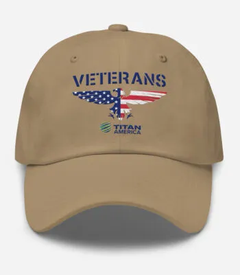 Khaki veterans cap with American flag eagle design.