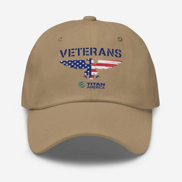 Khaki veterans cap with American flag eagle design.