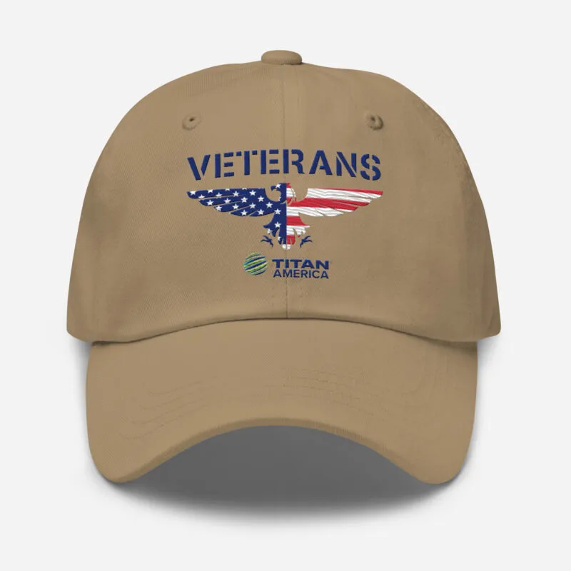 Khaki veterans cap with American flag eagle design.