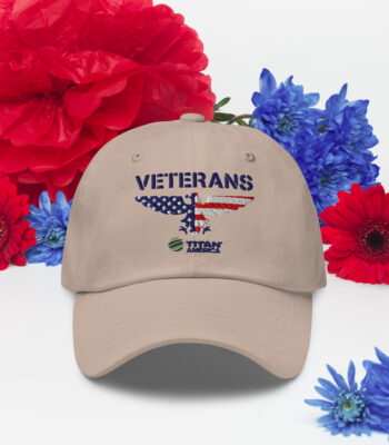 Veterans cap with flowers, American flag design.