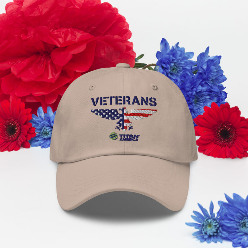 Veterans cap with flowers, American flag design.