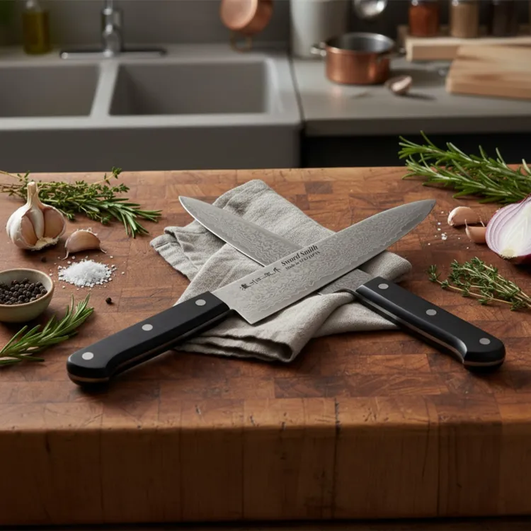 Two kitchen knives on cutting board with ingredients.