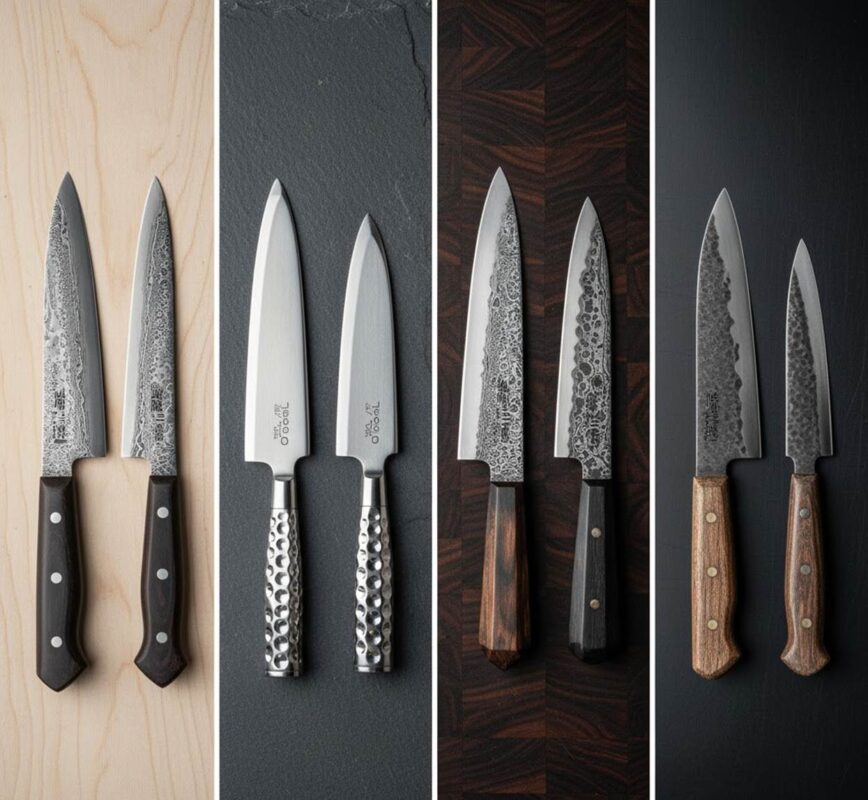 Four pairs of high-quality kitchen knives displayed.