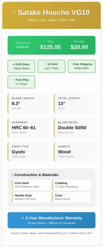 Satake Houcho VG10 chef's knife details and warranty.