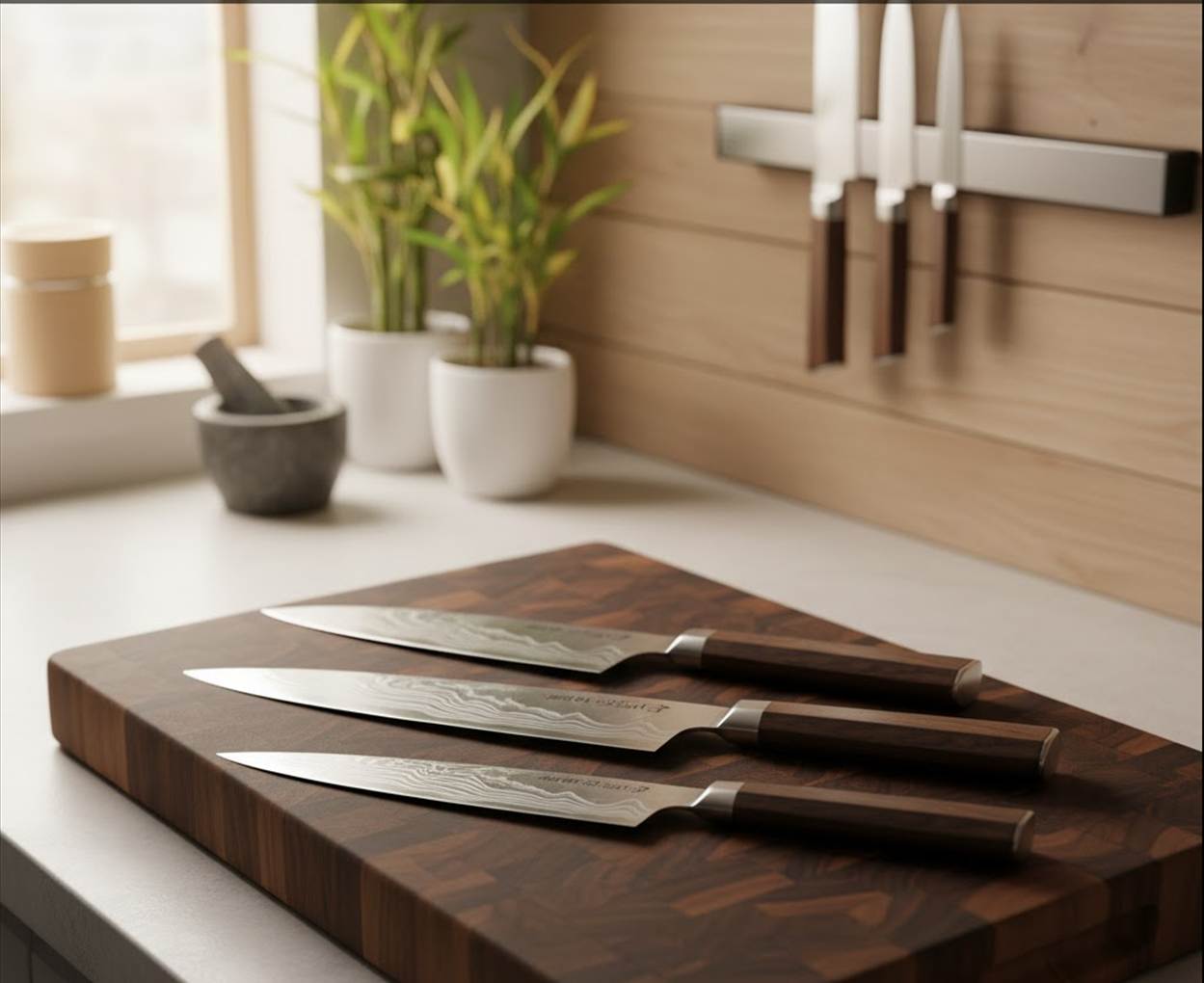 Three knives on wooden cutting board.