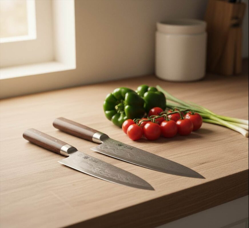 Chef's knives on counter with fresh vegetables.