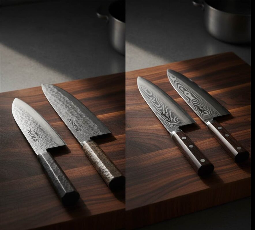 Japanese knives on wooden cutting board