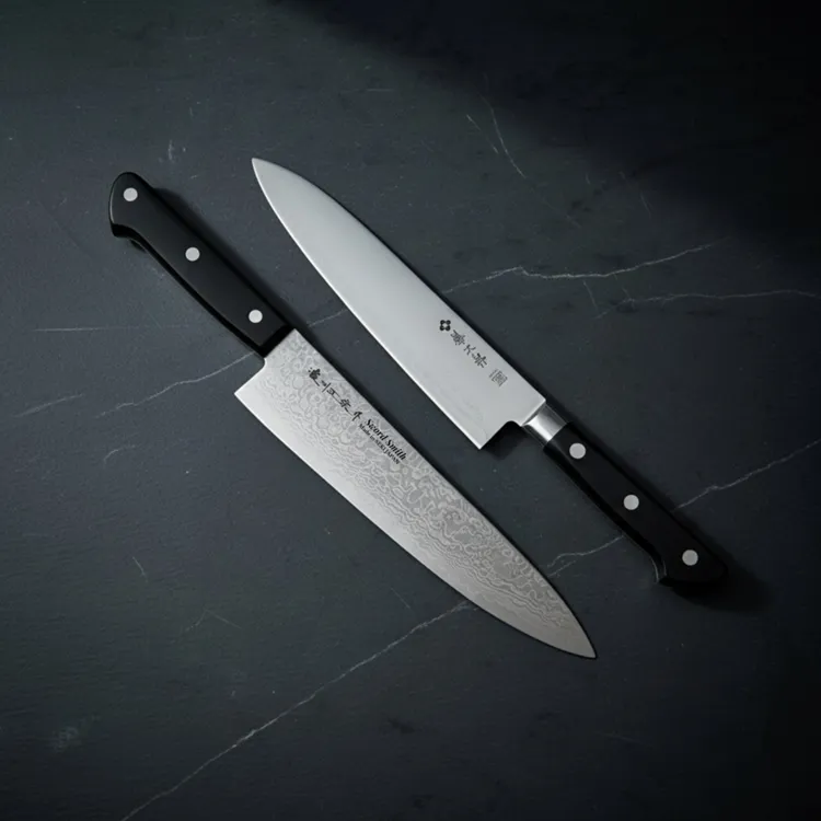 Japanese kitchen knives on dark marble background