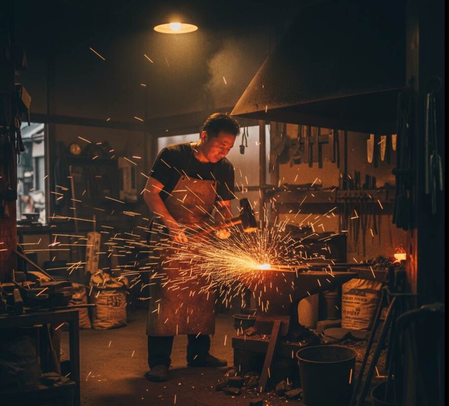 Blacksmith hammering metal, sparks flying in workshop.