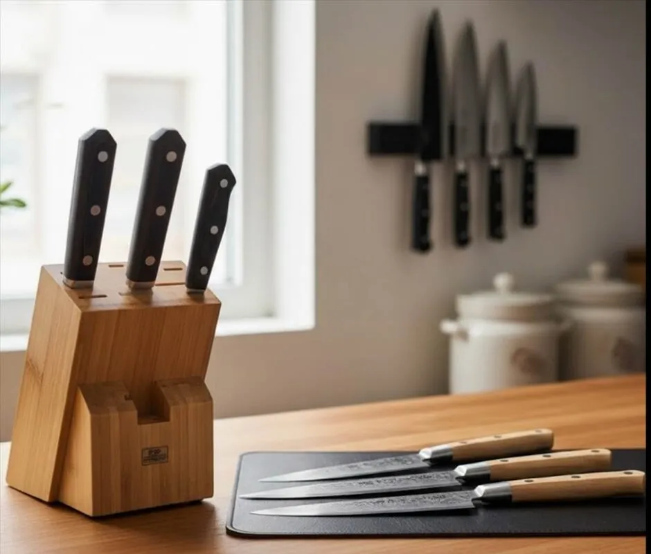 Kitchen knives in wooden block and magnetic strip.
