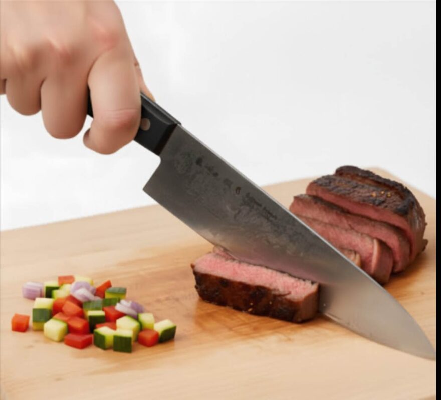 Slicing steak on cutting board with colorful vegetables