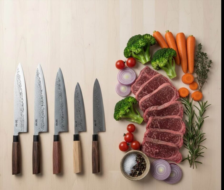 Assorted knives and fresh ingredients on wooden surface.