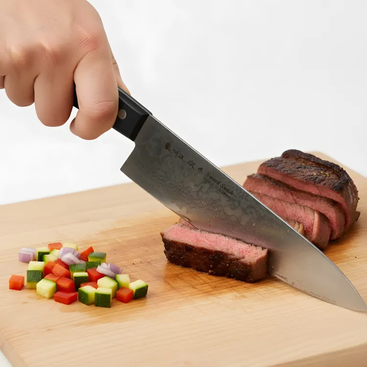 Slicing steak with chef knife on cutting board.
