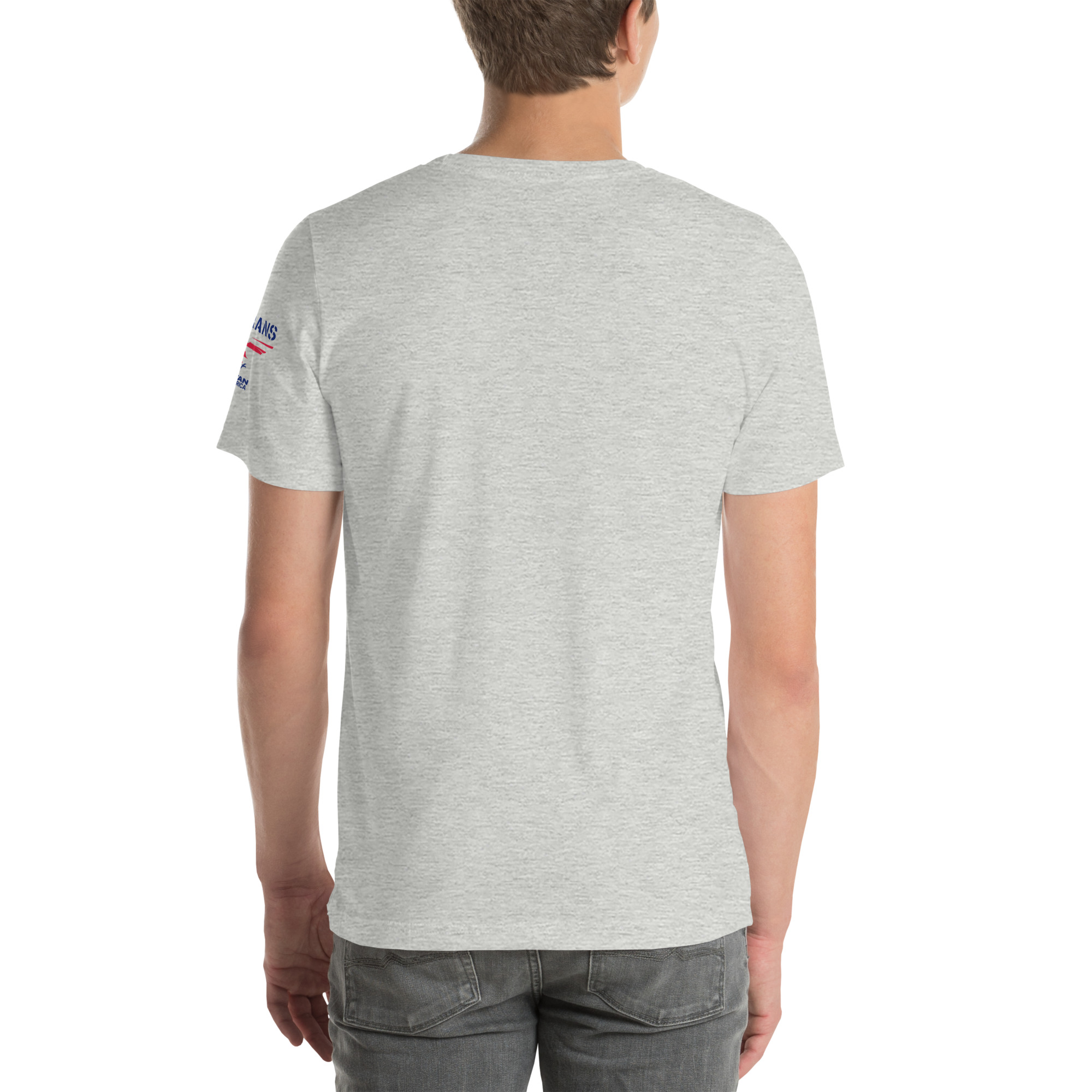 unisex-staple-t-shirt-athletic-heather-back-68f7b95ea34e6.jpg Man wearing gray t-shirt, back view.