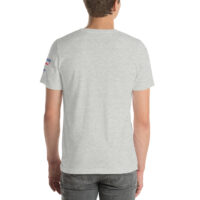 Back view of person wearing gray t-shirt