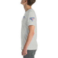 Person wearing Veterans themed t-shirt, side view.
