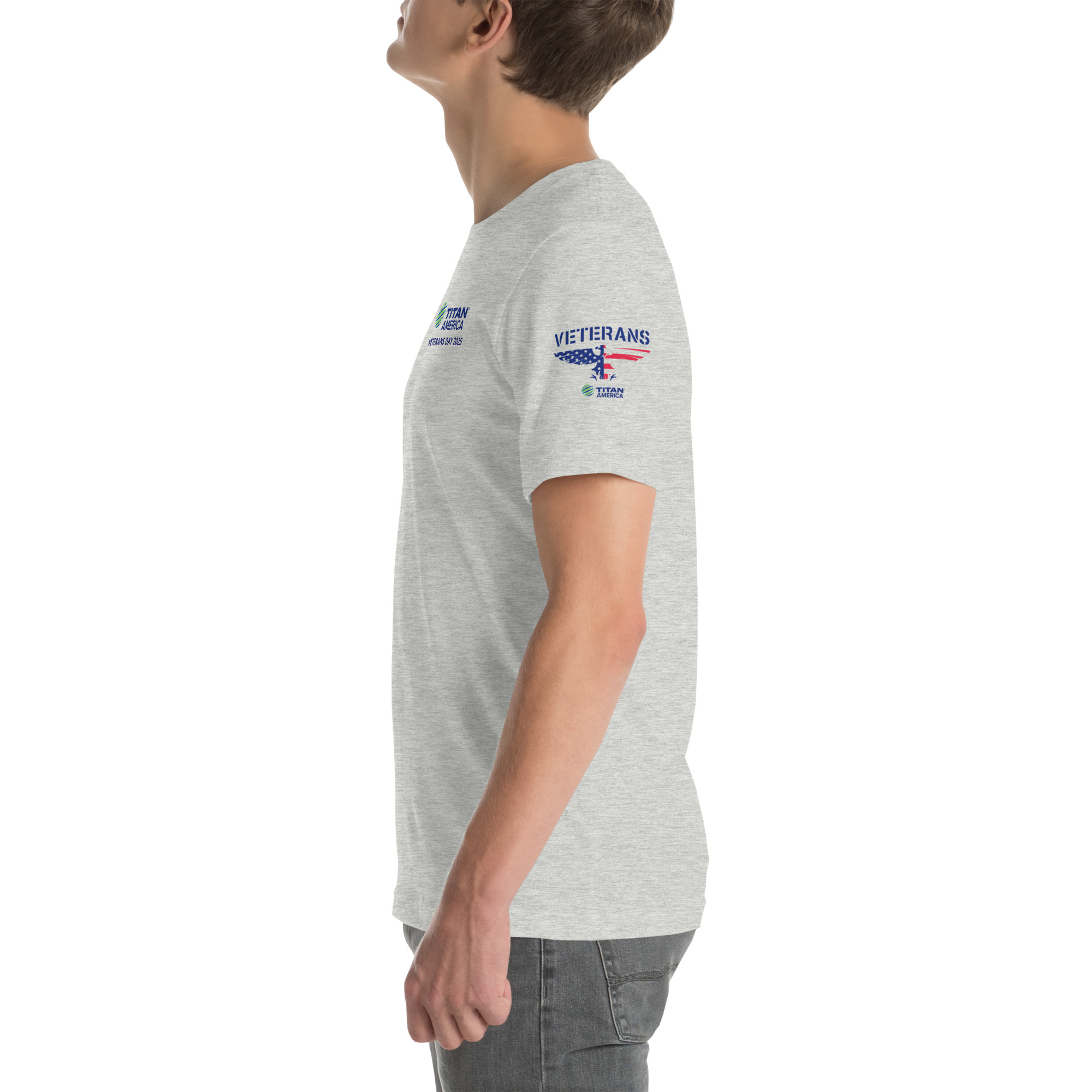 unisex-staple-t-shirt-athletic-heather-left-68f7bb5a8bcac.jpg Person wearing Veterans themed t-shirt, side view.