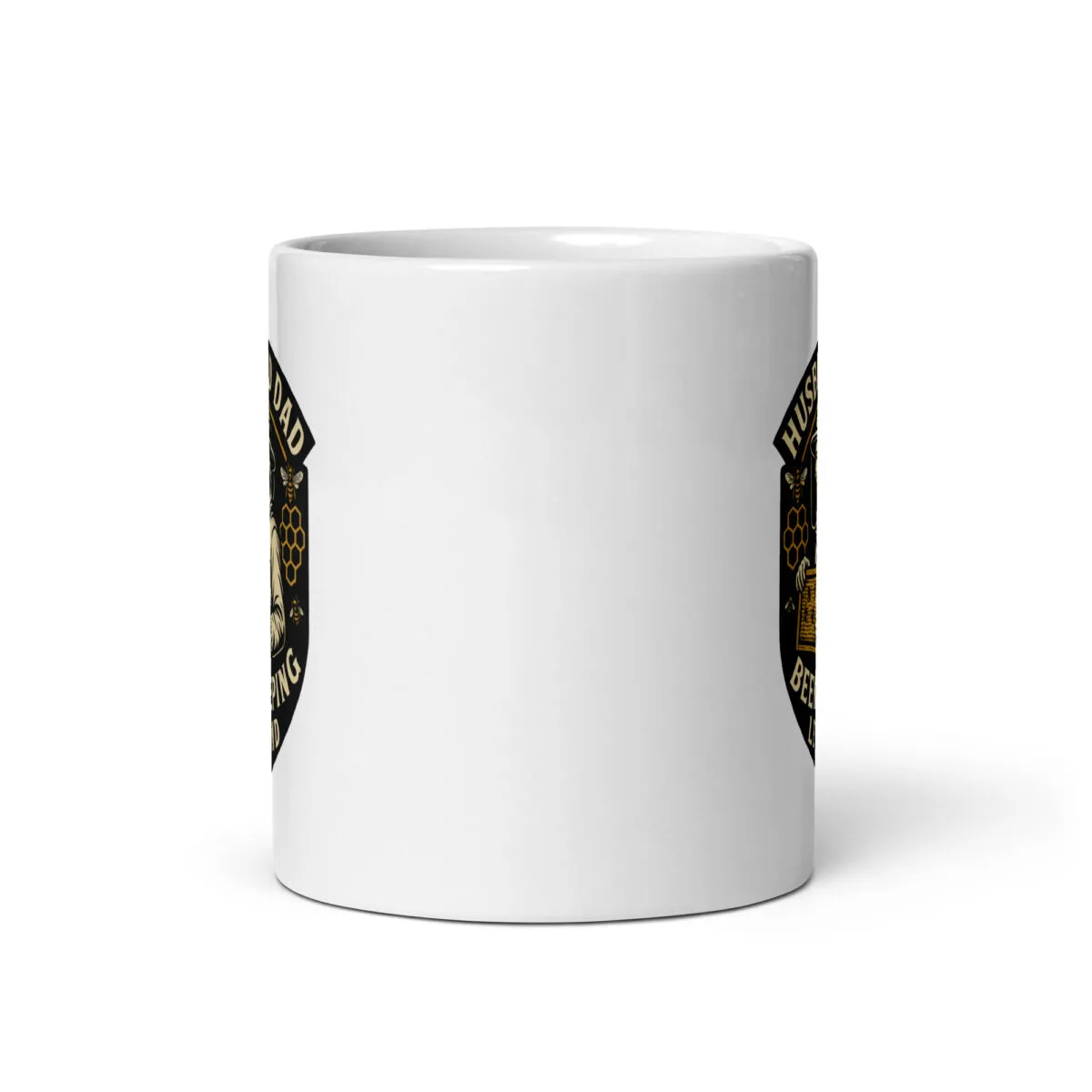 White mug with black and gold beer brewing logo
