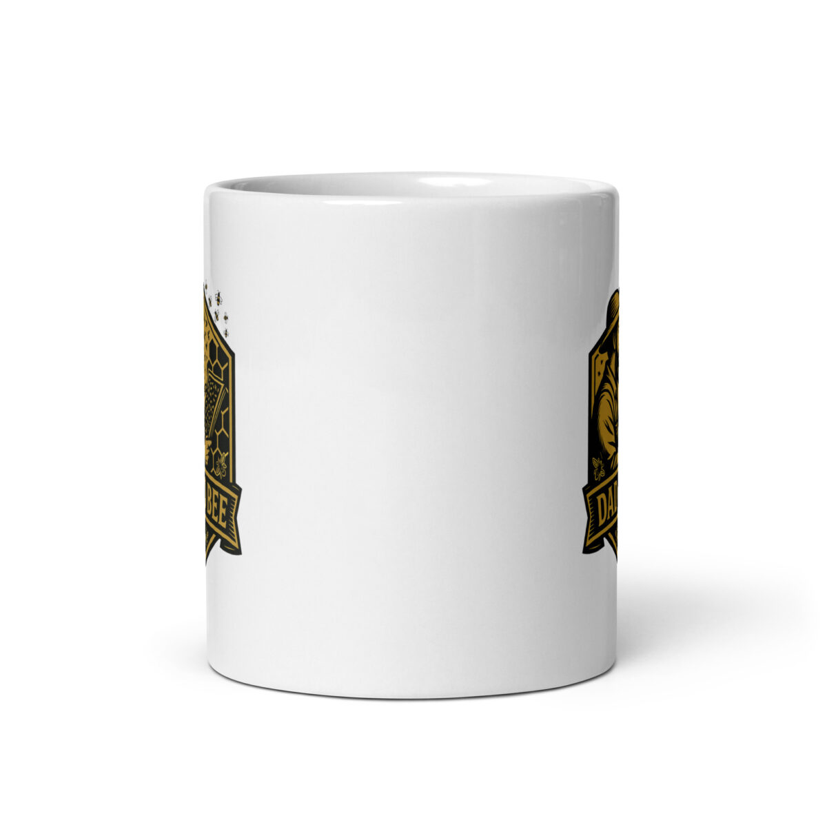 White mug with black and gold design.