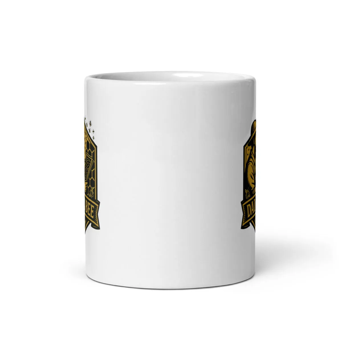White mug with black and gold design.