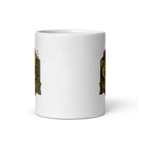 White mug with black and gold design.