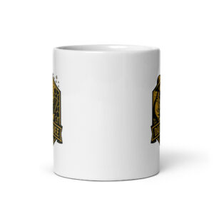 White mug with black and gold design.