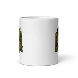 White mug with black and gold design.