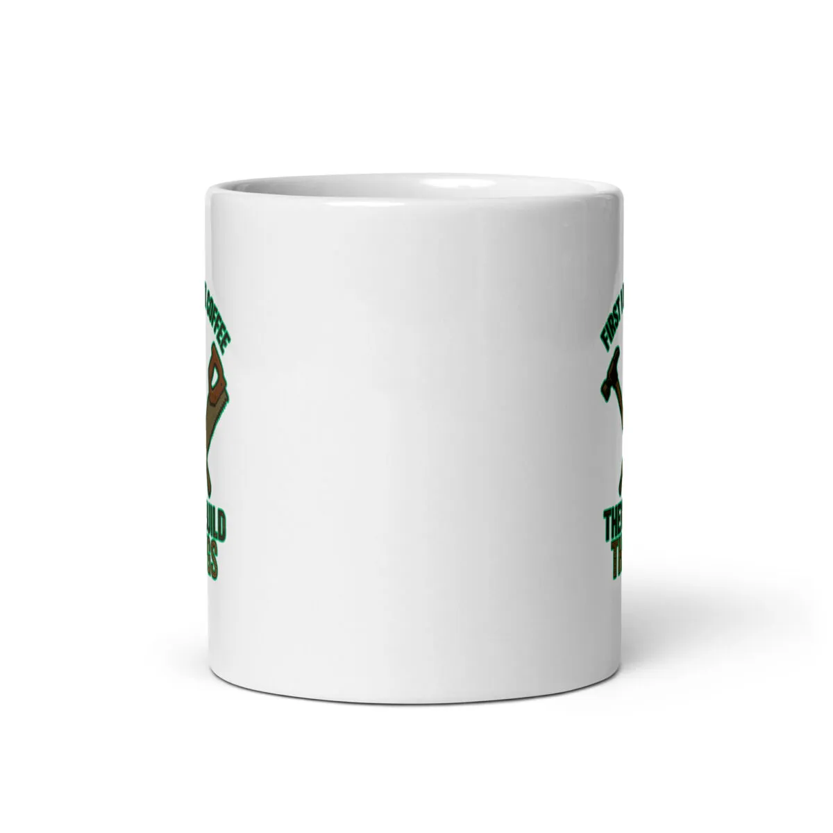 White mug with text and fist graphic.