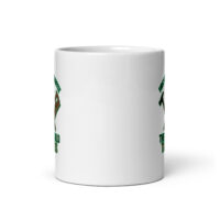 White mug with text and fist graphic.