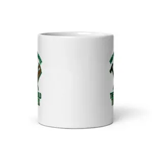 White mug with text and fist graphic.