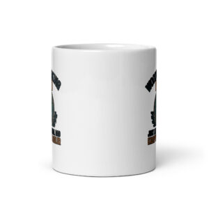 White mug with humorous woodworking graphic.
