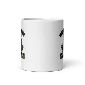 White mug with humorous woodworking graphic.