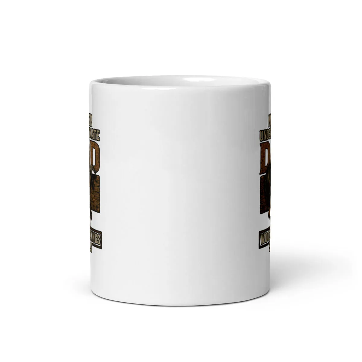 White mug with humorous dad-related design.