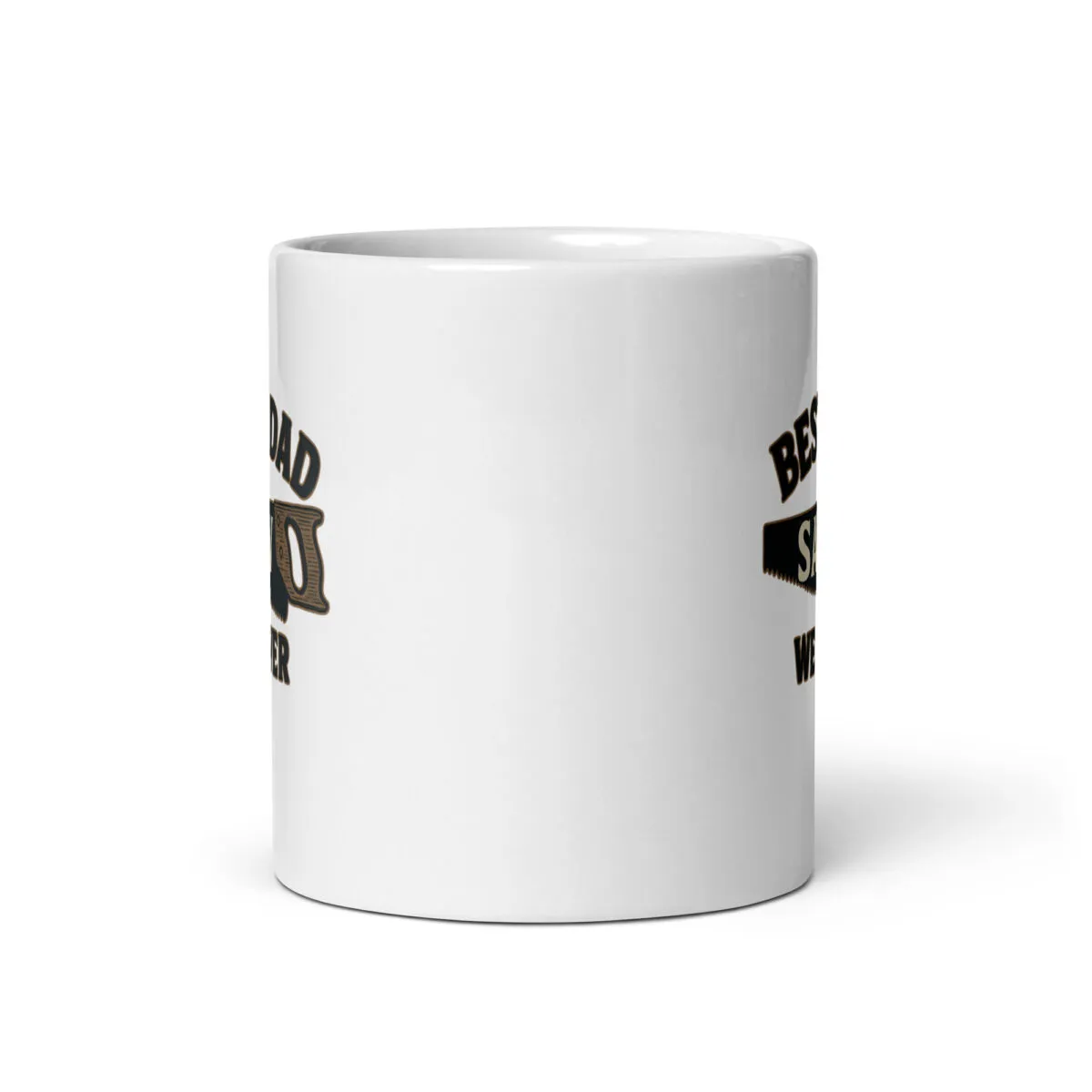 White mug with funny dad woodworking design