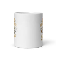 White mug with woodworking-themed design.