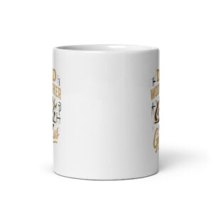 White mug with woodworking-themed design.