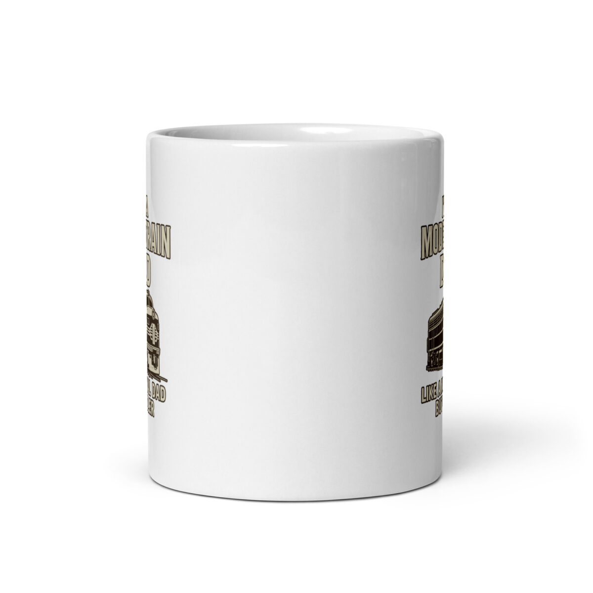 White ceramic mug with train design