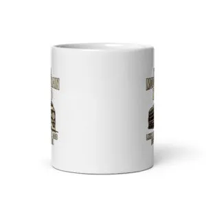 White ceramic mug with train design