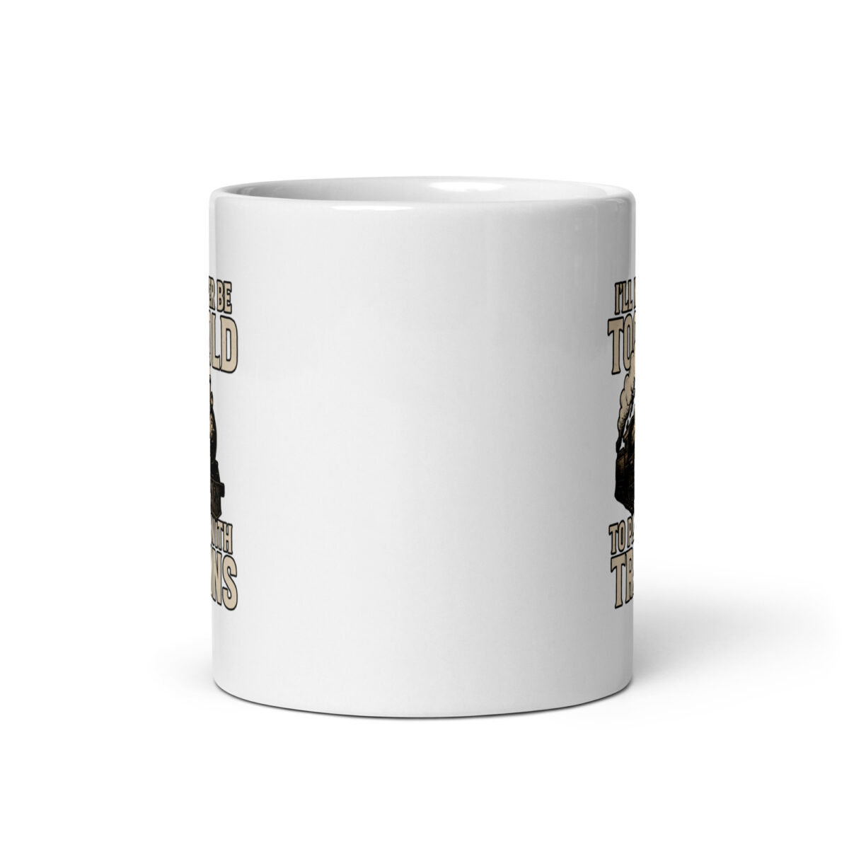 White ceramic mug with train illustration and text.