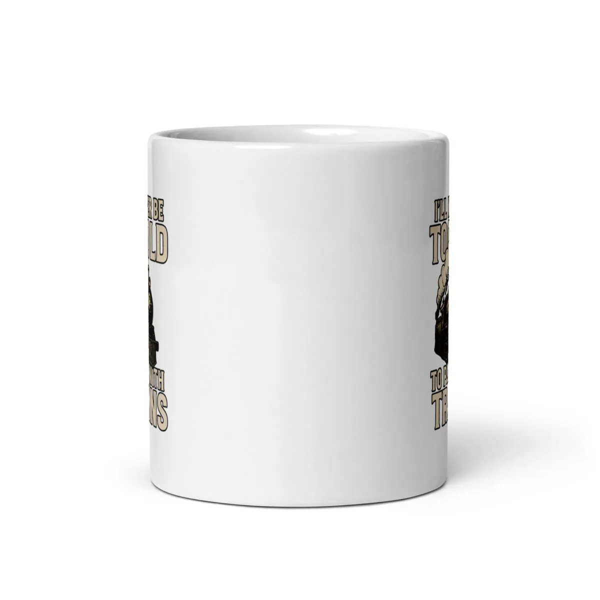 White ceramic mug with train illustration and text.